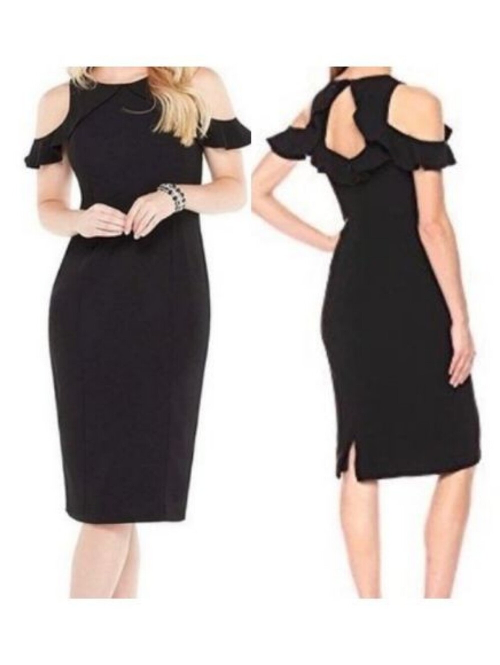 Ivanka Trump Black Ruffled Cold-Shoulder Black Sheath Dress